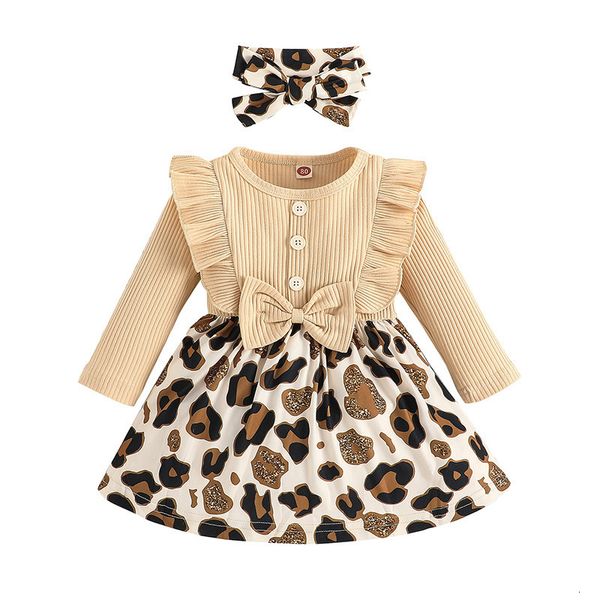 Abiti da ragazza Abito per Babys Girls Born Party Manica lunga Stampa leopardata Stampa con volant Fascia per neonati Vestiti per neonati 30 230802