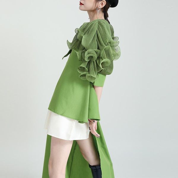 Повседневные платья ниша дизайн нерегулярные пузырьковые рубашки юбка 2023 Летнее лотолочное лист Lotus Leaf Leaf Asymmetrical платья.