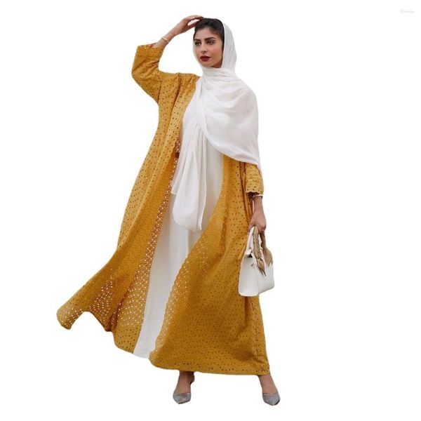 Roupas étnicas Zigui Moda Cardigã Conjunto de Duas Peças Manga Comprida Oco Algodão Amarelo Abaya Dubai Turquia Vestido Hijab Muçulmano