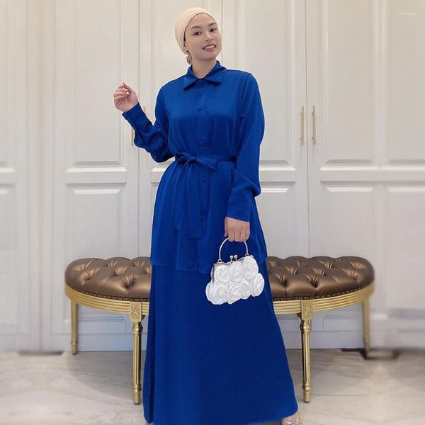 Roupas étnicas brilhantes cetim 2023 mulheres muçulmanas conjunto de 2 peças aberto abaya tops maxi saia terno dubai turquia quimono kaftan vestido com cinto eid