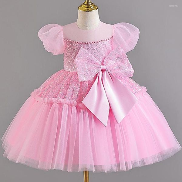 Mädchen Kleider Baby Schleife Pailletten Mädchen Partykleid Flauschig Weiß Hochzeit 1. Geburtstag Prinzessin Für Puffärmel Bridemaid Taufkleid