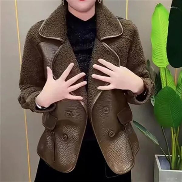 Женская кожаная онлайн-знаменитость имитация имитация мех носит PU Loose Coats Winter Suit воротнич