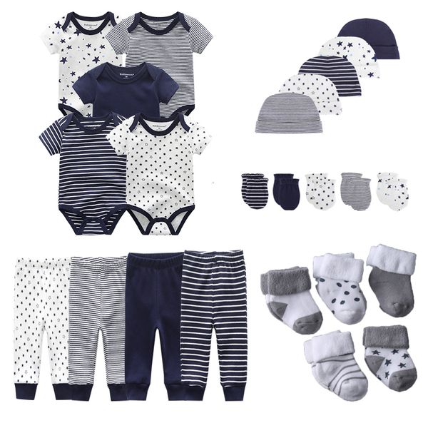 Kleidungssets 15 bis 24 Teile geborenes Baby Strampler Hosen Fäustlinge Mützen Socken Set 100 Baumwolle Druck Unisex Mädchen Jungen Kleidung 230802