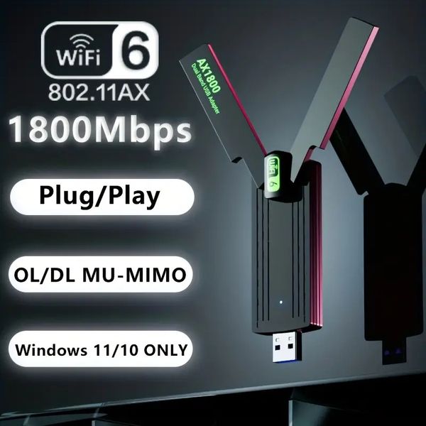 Adattatore WiFi 6 USB ad alta velocità per PC - Dual Band 5GHz/2.4GHz con doppia antenna 5dBi - Adattatore di rete wireless MU-MIMO per desktop/laptop - Compatibile con Windows 11/10