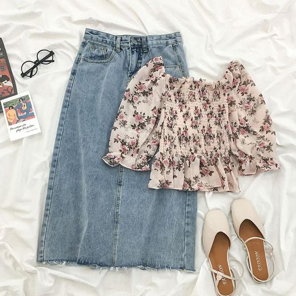 Arbeitskleider Frauen Rüschen Blumen Kurz Crop Top 2 Stück und Denim langer Rock Set 2023 beiläufige dünne elegante Chiffon-Hemdbluse Split