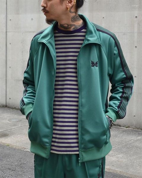 Giacche da uomo 23SS Top Quality Purple Stripe Needles Green Jacket Uomo Donna Cappotti Farfalla Ricamo AWGE Capispalla Skateboard