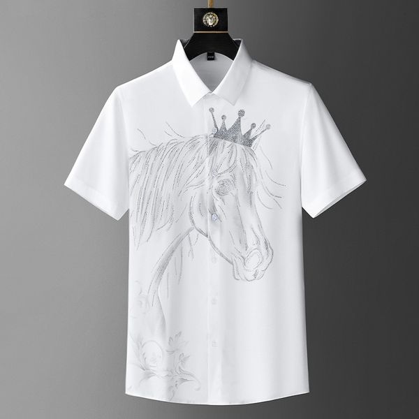 Роскошные рубашки короны лошади Мужчина летняя короткая рукава тонкая повседневная рубашка винтажная бизнес социальная вечеринка смокинг -блуза 2023