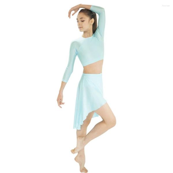 Vestido de palco Light River Blue NylonLyc manga comprida Dance Crop Top Chiffon Saias Performance Traje para senhoras e meninas 13 tamanhos