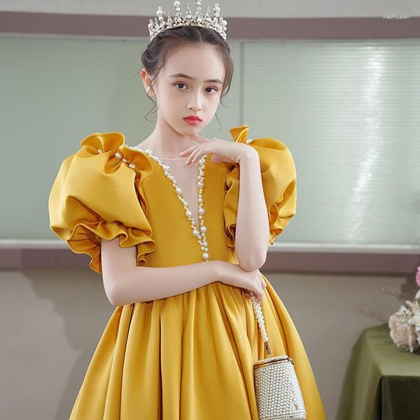 Mädchen Kleider High-end Baby Prinzessin Langes Kleid Gelb Puff Sleeve Perlen Mädchen Für Hochzeit Party Sommer Kinder Festzug kleid