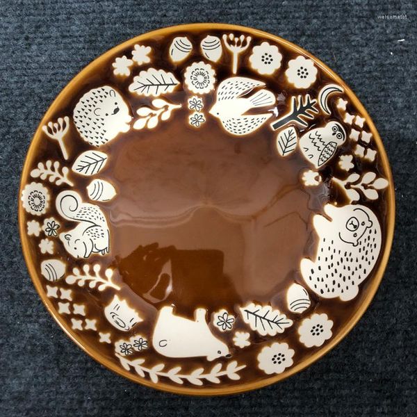 Teller, kreative Keramik, Tierwald-Serie, tiefer Suppenteller, kreisförmige Scheibe, Dessert-Relief, handgezeichnete Illustrationen