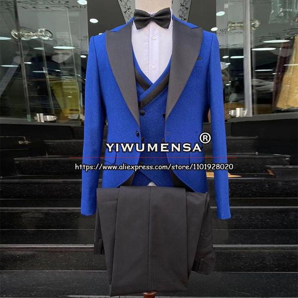 Ternos Masculinos Casamento Formal Brilhante Azul Real Noivo Conjuntos de Blazer Masculino Sob Medida Jaqueta de Lapela Preta Jaqueta Colete Calças 3 Peças Vestido de Noite