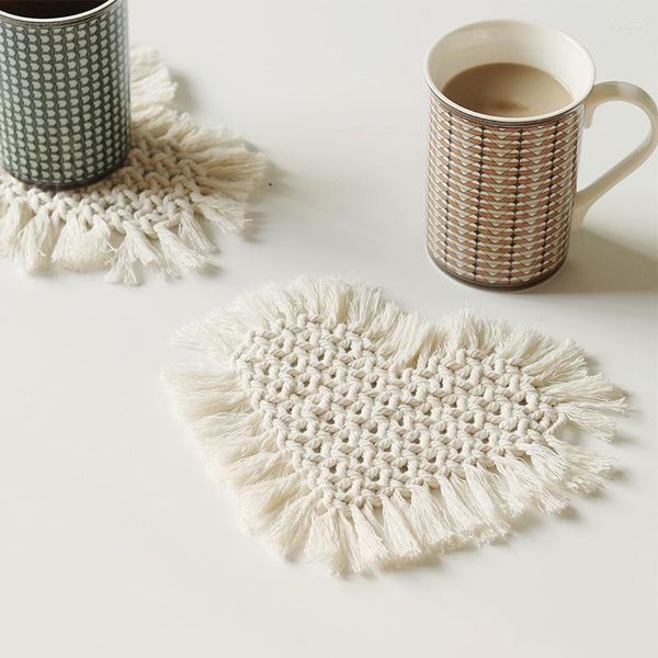 Tovagliette DUNXDECO Love Placemat Coffee Milk Tea Cup Pad Tappetino isolante termico Warm Home Set da cucina in cotone intrecciato a mano a forma di cuore