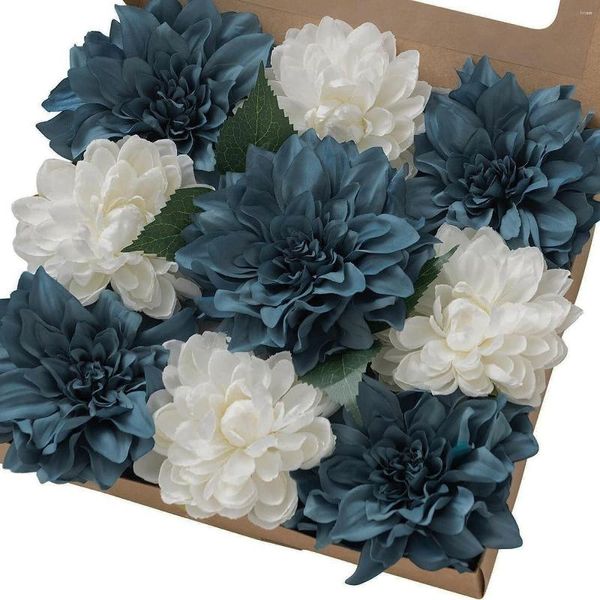 Flores decorativas Artificiais Azul Branco Seda Dália 5,5