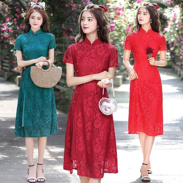 Abbigliamento etnico Pizzo di media lunghezza quotidiano Cheongsam 2023 Estate migliorata Aodai Qipao Retro dimagrante Plus Size Abito da festa cinese per le donne