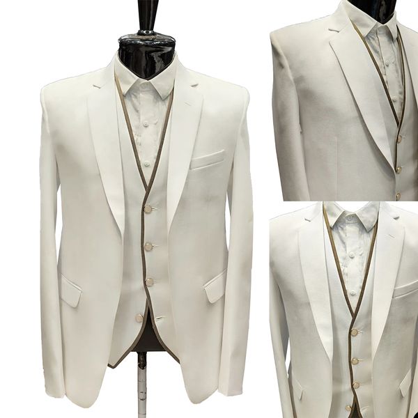 Klasik erkekler düğün smokin çentikli yaka damat giymek beyaz ceket 2 adet ceket yelek iş prom özel hazırlıklı elbise