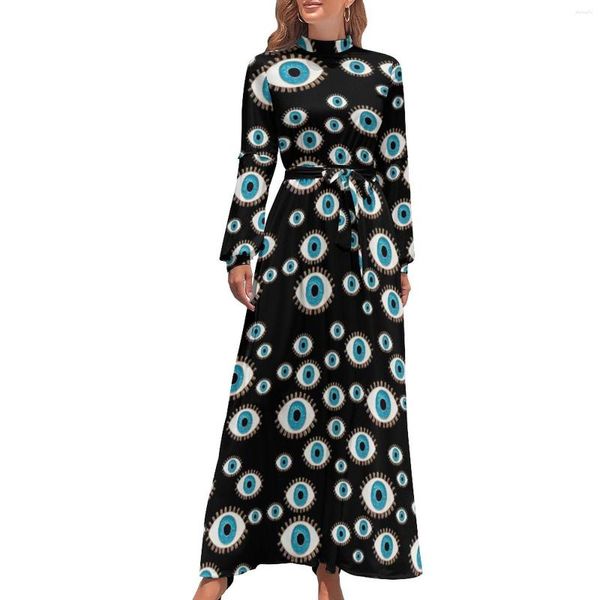 Lässige Kleider Evil Eye Print Kleid Griechisch Mati Mataki Süße Maxi Street Wear Boho Strand Lange Stehkragen Muster Kleidung