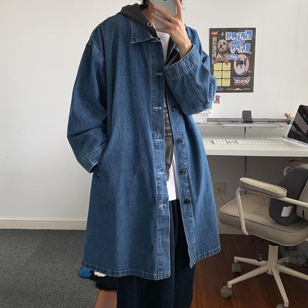 Trench da uomo moda coreana blu uomo cappotto lungo in denim autunno giacca jeans vintage da donna casual allentata giacca a vento