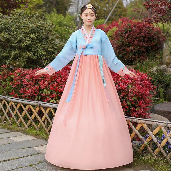 Ethnic Clothing Royal Princess Embroidery Hanbok Dresses Korean Chiffon Stage Show Dress National Flower Robe Gown Elegant Dancing Costumes