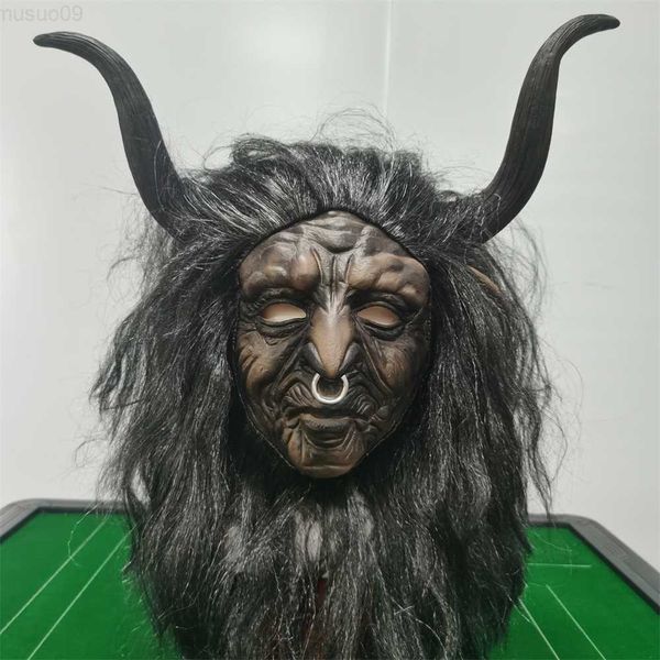 Party Masken Scary Ox Horn Monster Maske Böse Hexe Latex Vollkopfmaske mit Haaren Halloween Karneval Horror Party Cosplay Kopfbedeckung L230803