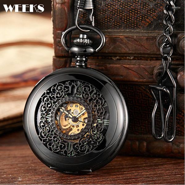 Taschenuhren, römische Ziffer, mechanische Uhr, Vintage-Stil, luxuriös, hohles schwarzes Gehäuse, Steampunk-Skelett, leuchtende Fob-Kette, Uhr für Männer und Frauen