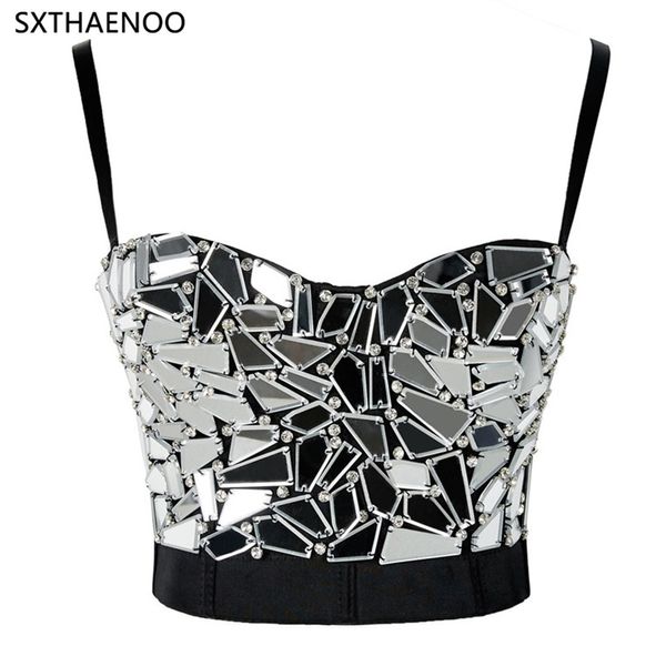 Tanques femininos camis sxthaenoo prata lantejoulas cortadas top beading sexy espartilho plus size carnaval festa camisola 230825