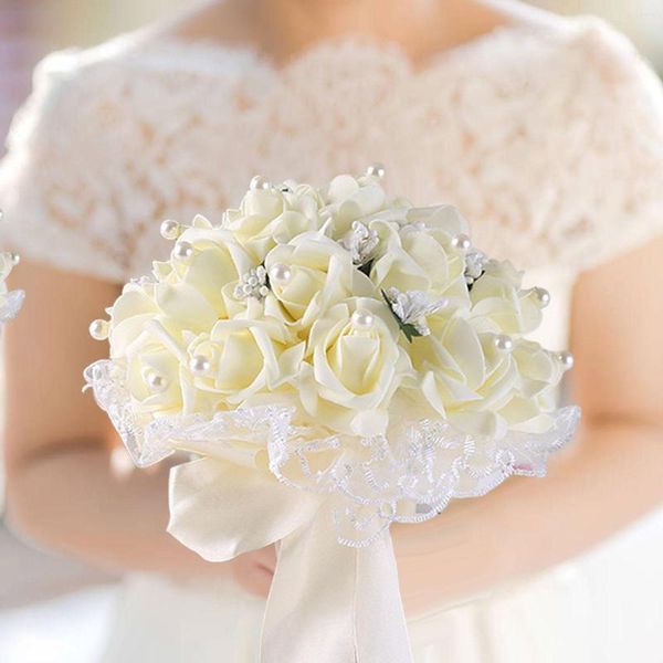 Flores decorativas buquê de casamento nupcial com buquês de fita de seda para cerimônia de noiva decoração po prop