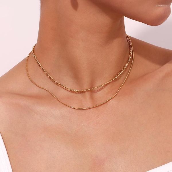 Catene Elegante minimalista a due strati Collana girocollo in acciaio inossidabile con catena Figaro in gioielli placcati oro 18 carati per donna