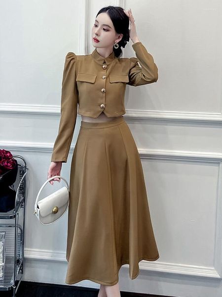 İş Elbiseleri Kore moda ol 2 pice seti kadınlar kısa ceket ceket yüksek bel uzun etek setleri zarif sonbahar iki parçalı kıyafetler