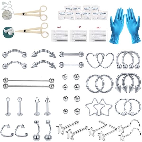 Labret Gioielli per piercing al labbro ZS 71pcslot Kit di strumenti per il corpo professionale 14G 20G Acciaio inossidabile Orecchio Naso Anello per ombelico Labbra Sopracciglia 230802