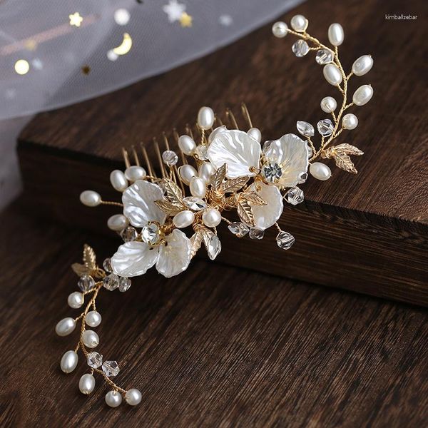 Fermagli per capelli Copricapo di fiori di perle Accessori per abiti da sposa Pettine foglia d'oro da sposa