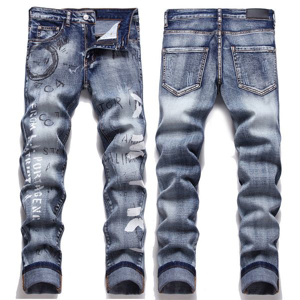 Jeans da uomo American Street Stampa bomba in cotone retrò elasticizzato con fori rotti Moda uomo Jeans europei e americani