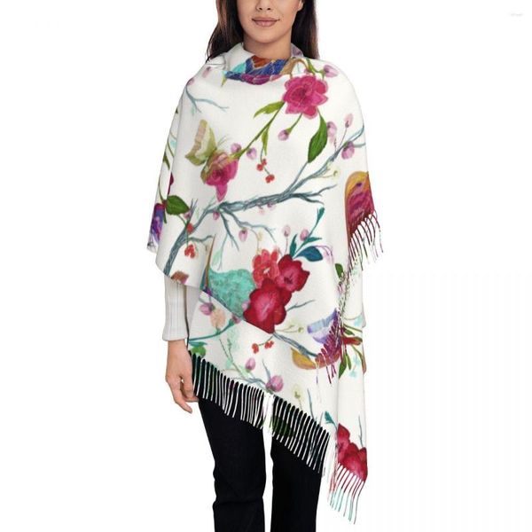 Eşarp Suluboya Kuş Kelebek ve Çiçek Yaprak Ağacı Şubesi Kadınlar Sıcak Kış Kış Seti Battaniye Eşarp Saf Renk