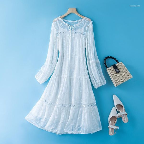 Повседневные платья белое шелковое платье Женское летнее тяжелая вышивка цветочниц