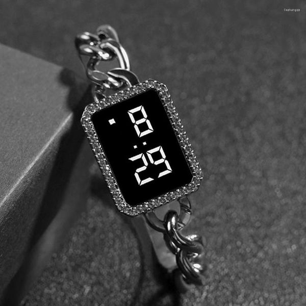 Нарученные часы SDOTTER 2023 Модные женские цифровые часы светодиодные прямоугольники Diamond Dial Silver Элегантный женский браслет электронные часы