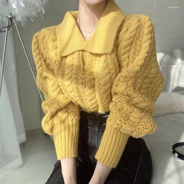 Damenpullover Südkorea Chic Sweet Age Reduction Polokragen Schwerindustrie Twist Verdickter loser Kopf Hohlstrickpullover weiblich