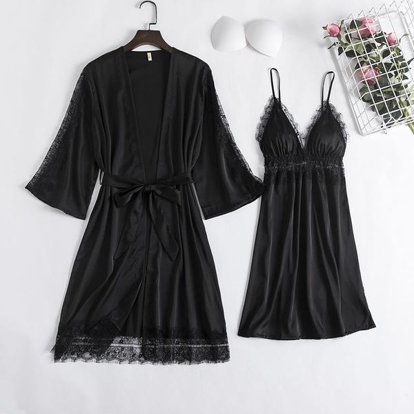 Kadın pijama yaz 2pcs robe gecelik set siyah dantel kadınlar kimono bornoz elbisesi seksi saten ev elbise takım elbise salonu giyim