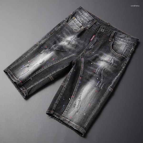 Мужские джинсы летние тенденции модные мужчины ретро черно -серая сплайдация эластичная разорванная короткократная дизайнер