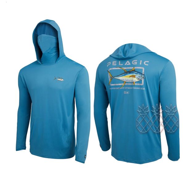 Outros Artigos Esportivos PELAGIC Camisa de Pesca Masculina Camisas de Pesca com Capuz Azul de Manga Comprida Performance Roupas de Peixe com Máscara Facial Sun Uv Fishing Jersey 230802