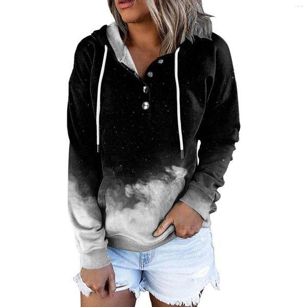 Kadın Hoodies Pullover Hoodie Düğmesi Tasarımı Sıradan Takas Kadın Pocket Hooded Sweatshirt Sonbahar Boya Gradyan Baskı