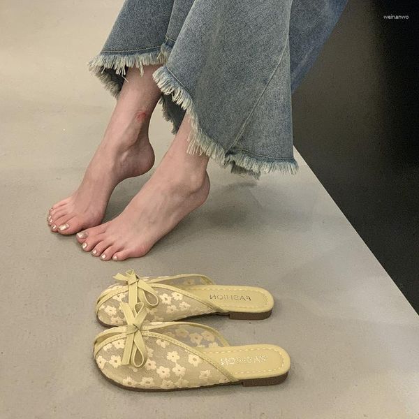 Hausschuhe Flache Sandalen 2023 Sommer Sheer Ferse Spitze Unterstützung Schnürsenkel Außerhalb Mädchen Frühling Römischen Rutsche Slipper Wohnungen Frauen