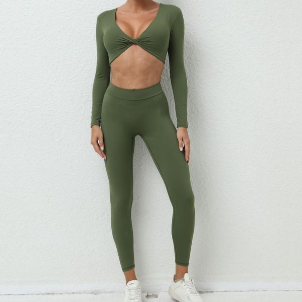 Conjuntos ativos Conjunto de ginástica feminino esporte leggings de manga comprida push up roupa esportiva feminina roupa de ioga para fitness lycra verde militar