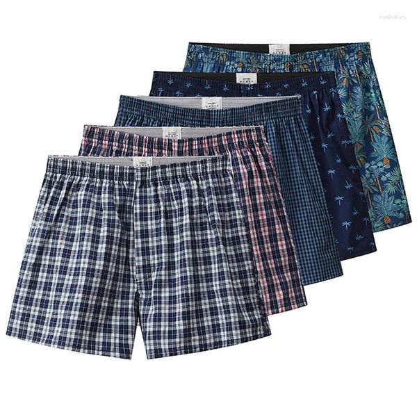 Cuecas S-XL Mens Algodão Boxer Shorts Casual Xadrez Elástico Cós Botão Confortável Para Casa