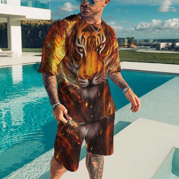 Agasalhos masculinos Conjuntos de camisetas Animal Tiger Agasalho com estampa 3D Camisetas Shorts 2 peças Streetwear Ternos masculinos grandes Roupas esportivas