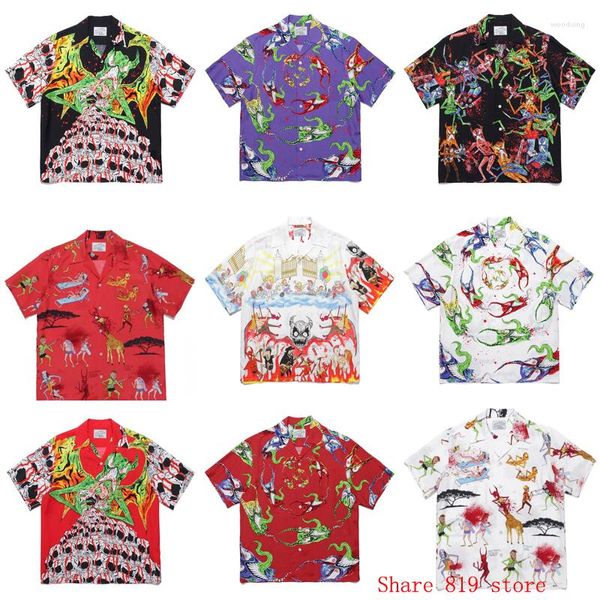 Camisas Casuais Masculinas Multi Versões Ghost Graffiti Padrão Estampado Wacko Maria Camisa Curta Homens Mulheres Alta Qualidade Estilo Praia Havaí Top