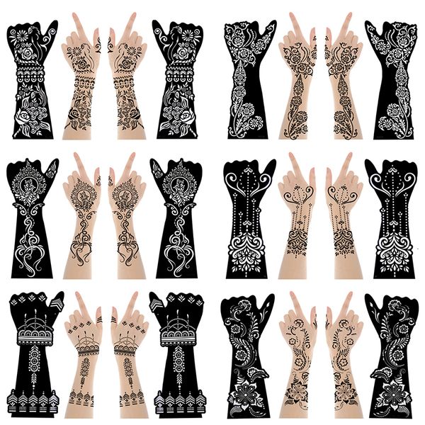 Outros suprimentos de maquiagem permanente 12 conjuntos de folhas grandes estênceis de tatuagem de mão de hena Flor Glitter Airbrush Mehndi Modelos indianos Estêncil para pintura 230809