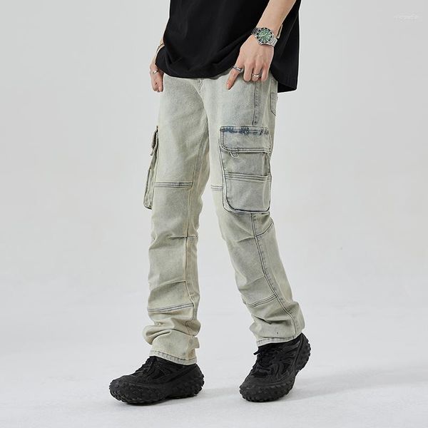 Jeans da uomo Primavera Autunno Salopette multitasche Pantaloni cargo Cotone sciolto Casual Alta qualità Streetwear Uomo Nero