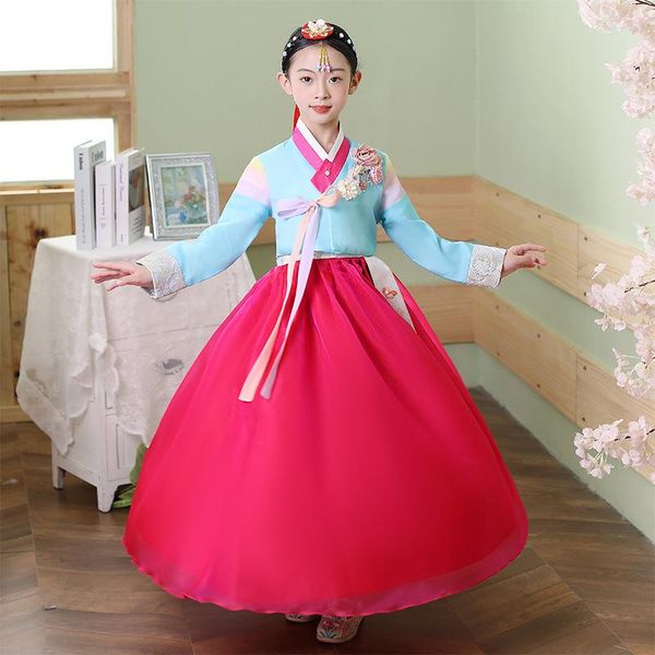 Etnik Giyim 2023 Kız Dans Kostümleri Kore Çiçek Hanbok Elbise Ulusal Öğrenci Sahne Gösterisi Elbise Vintage Çocuk Performans Elbiseleri