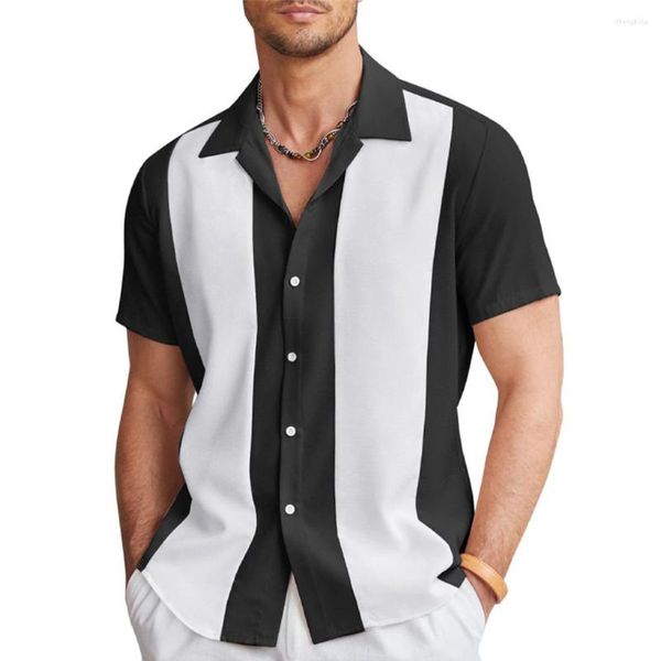 Erkekler sıradan gömlekler moda erkekler vintage bowling gömleği hawaii kısa kollu düğme aşağı gevşek pamuk oxford çizgili giyim