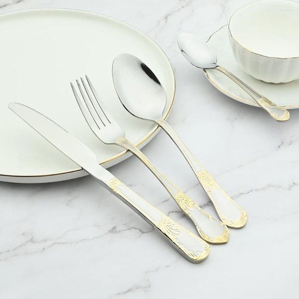Geschirrsets 4pcs18/10 Edelstahl Set KNFE Gabel Löffel Abendessen Cutlery Western Royal Tischware Gold Silber Flatware