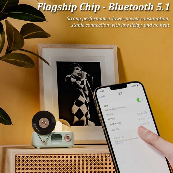 Alto-falantes portáteis bluetooth 5.1 alto-falante clássico record player design caixa de som estéreo com luz noturna suporte aromaterapia